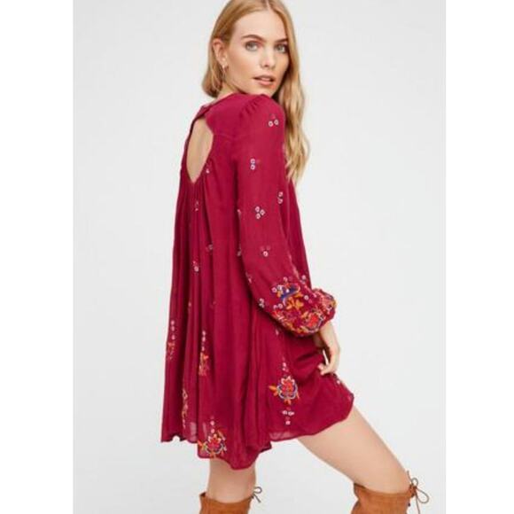 Free People Oxford Embroidered XS Long Sleeve Red Boho Dress - Picture 7 of 7